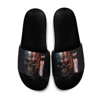 Custom American Flag Skull Slide Sandals with Bowling Pins Flame Effect and Grunge Pattern - Wonder Print Shop