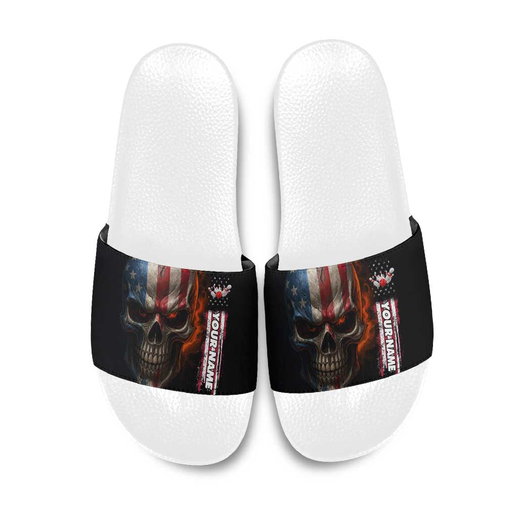 Custom American Flag Skull Slide Sandals with Bowling Pins Flame Effect and Grunge Pattern - Wonder Print Shop