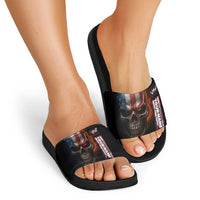 Custom American Flag Skull Slide Sandals with Bowling Pins Flame Effect and Grunge Pattern - Wonder Print Shop