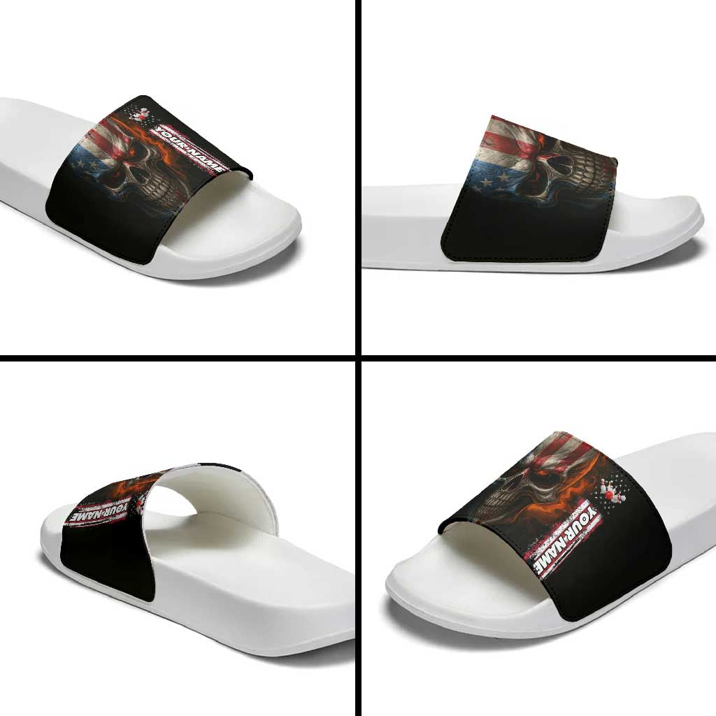Custom American Flag Skull Slide Sandals with Bowling Pins Flame Effect and Grunge Pattern - Wonder Print Shop