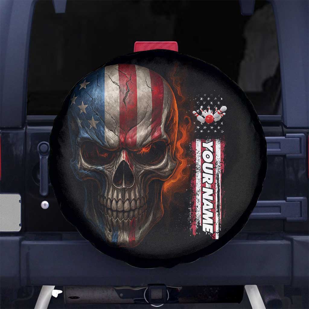 Custom American Flag Skull Spare Tire Cover with Bowling Pins Flame Effect and Grunge Pattern - Wonder Print Shop