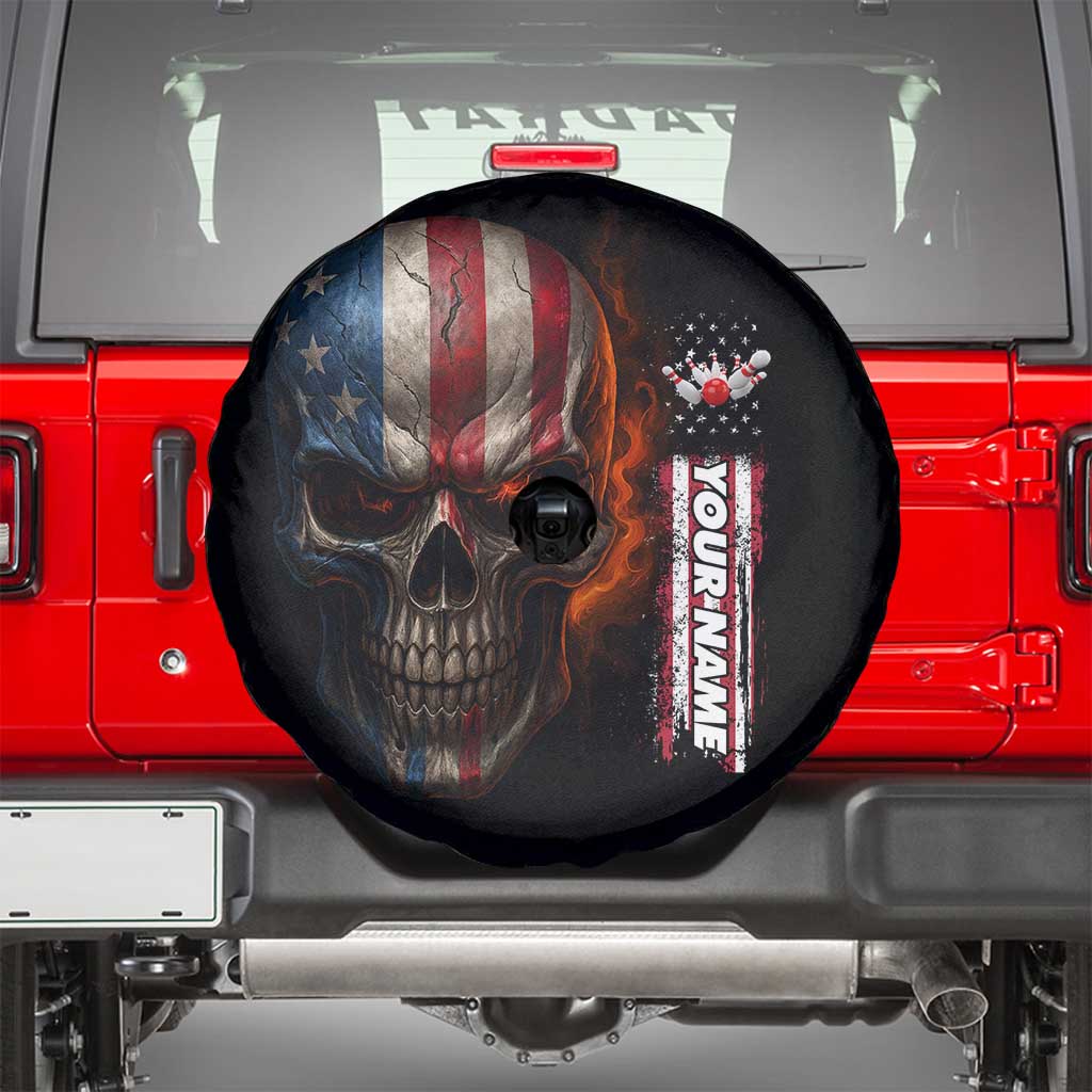 Custom American Flag Skull Spare Tire Cover with Bowling Pins Flame Effect and Grunge Pattern - Wonder Print Shop