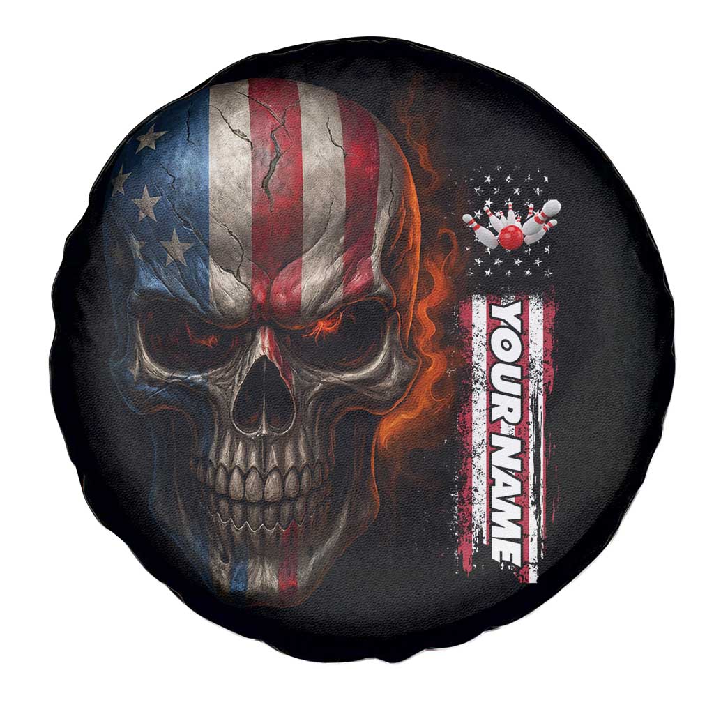 Custom American Flag Skull Spare Tire Cover with Bowling Pins Flame Effect and Grunge Pattern - Wonder Print Shop