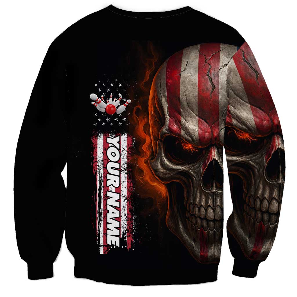 Custom American Flag Skull Sweatshirt with Bowling Pins Flame Effect and Grunge Pattern - Wonder Print Shop