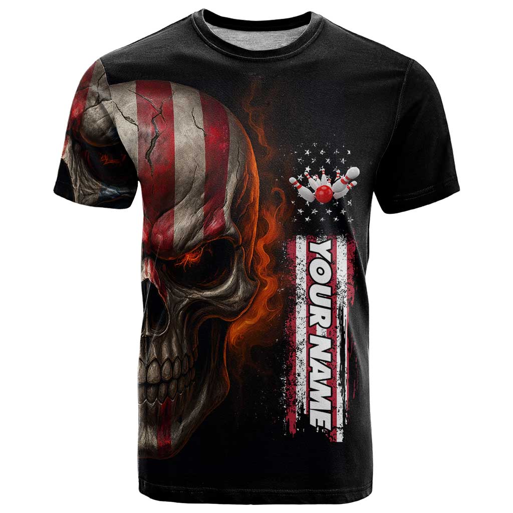 Custom American Flag Skull T Shirt with Bowling Pins Flame Effect and Grunge Pattern - Wonder Print Shop