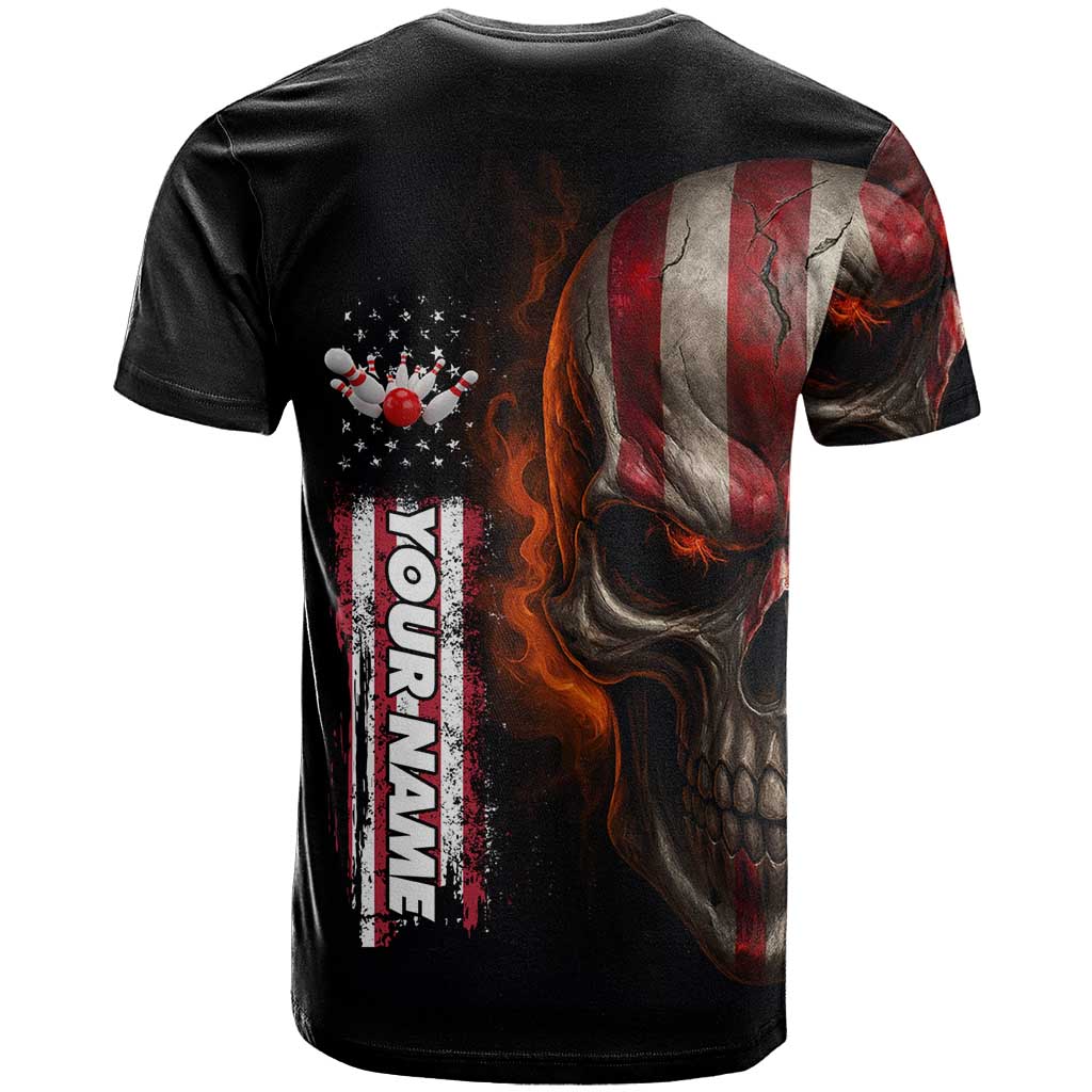 Custom American Flag Skull T Shirt with Bowling Pins Flame Effect and Grunge Pattern - Wonder Print Shop