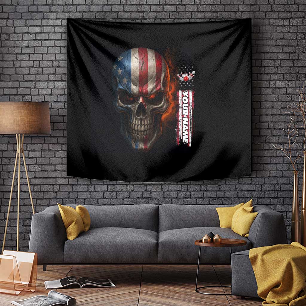 Custom American Flag Skull Tapestry with Bowling Pins Flame Effect and Grunge Pattern - Wonder Print Shop