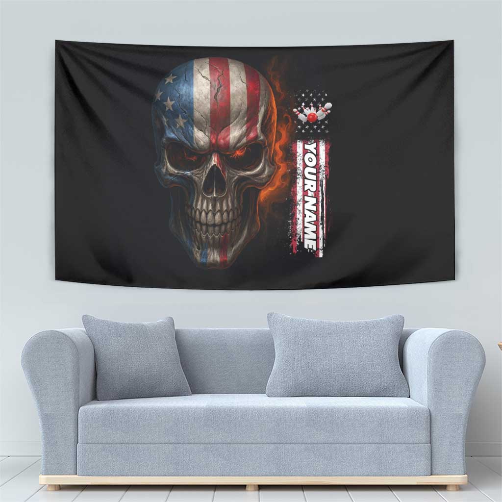 Custom American Flag Skull Tapestry with Bowling Pins Flame Effect and Grunge Pattern - Wonder Print Shop
