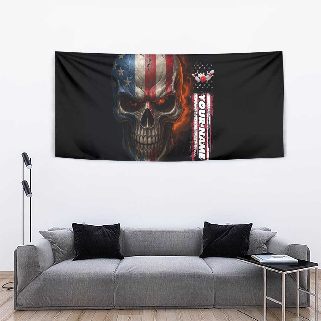 Custom American Flag Skull Tapestry with Bowling Pins Flame Effect and Grunge Pattern - Wonder Print Shop