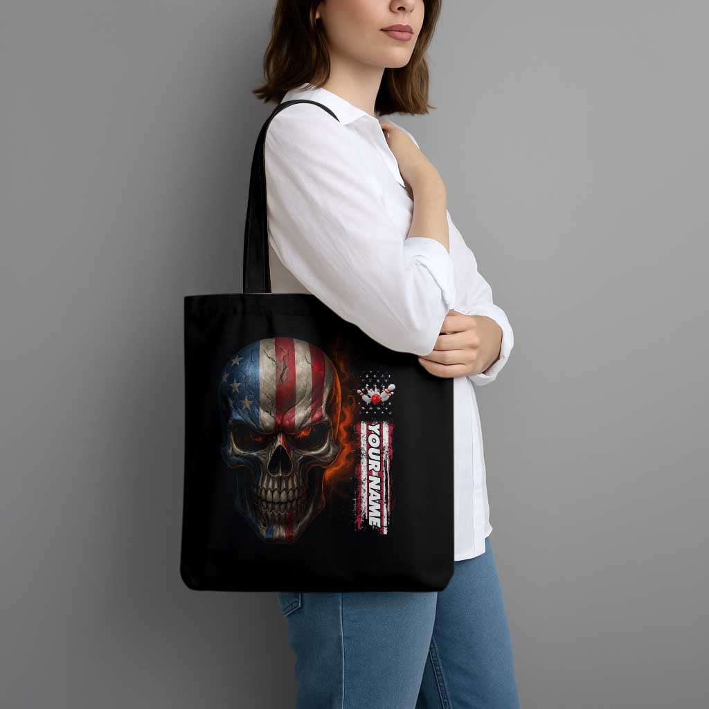 Custom American Flag Skull Tote Bag with Bowling Pins Flame Effect and Grunge Pattern - Wonder Print Shop