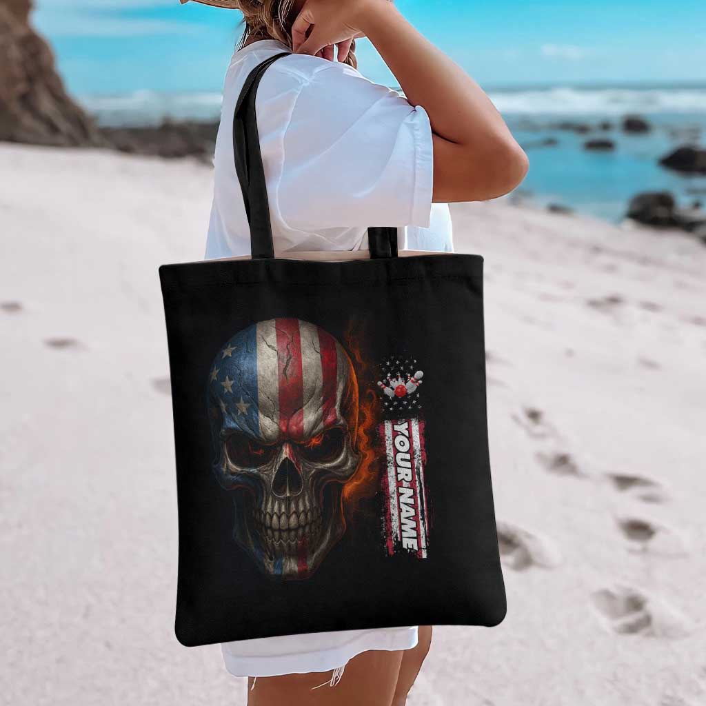 Custom American Flag Skull Tote Bag with Bowling Pins Flame Effect and Grunge Pattern - Wonder Print Shop