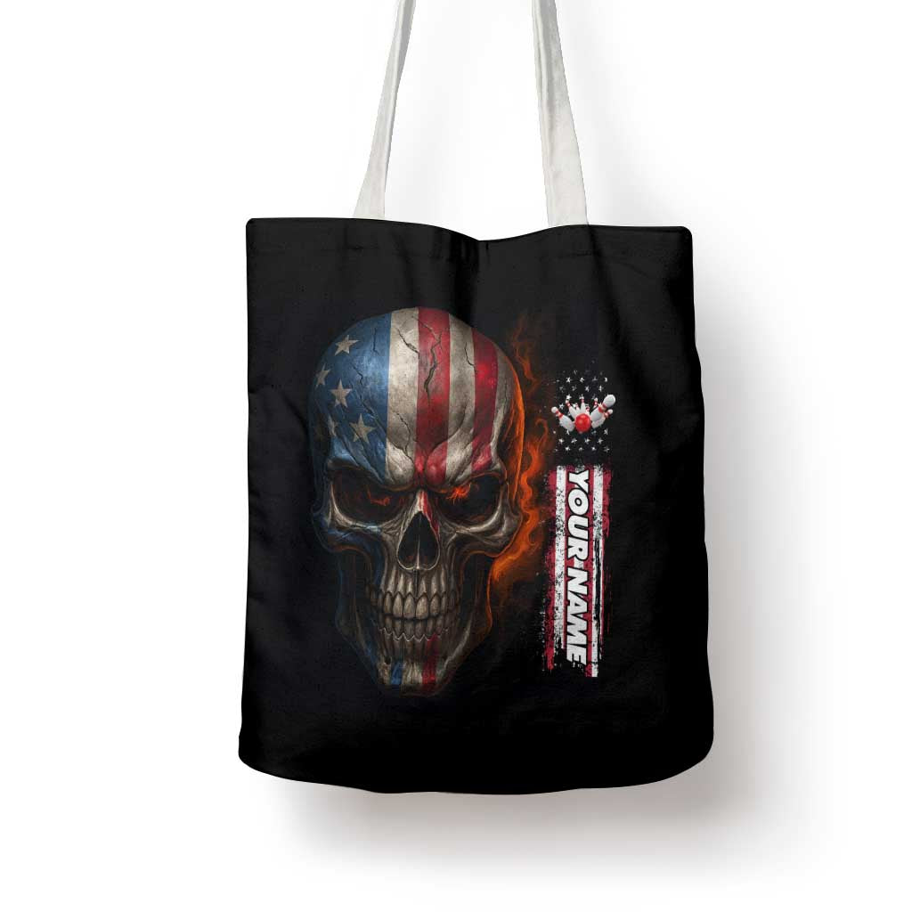Custom American Flag Skull Tote Bag with Bowling Pins Flame Effect and Grunge Pattern - Wonder Print Shop