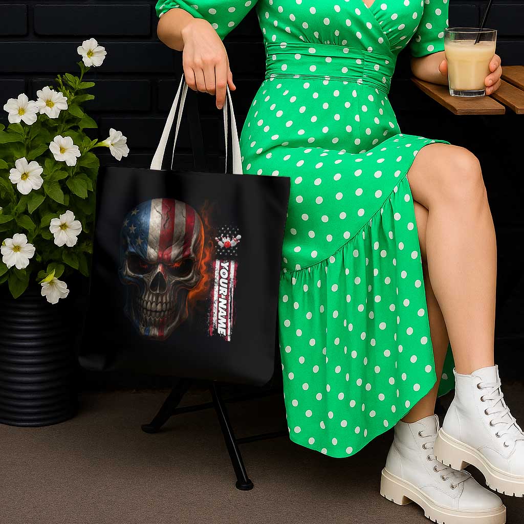 Custom American Flag Skull Tote Bag with Bowling Pins Flame Effect and Grunge Pattern - Wonder Print Shop