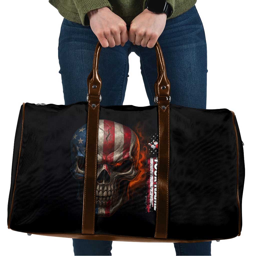 Custom American Flag Skull Travel Bag with Bowling Pins Flame Effect and Grunge Pattern - Wonder Print Shop