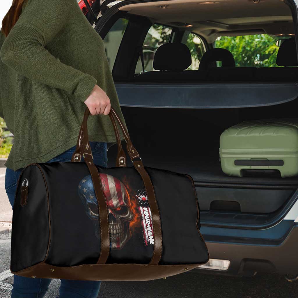 Custom American Flag Skull Travel Bag with Bowling Pins Flame Effect and Grunge Pattern - Wonder Print Shop