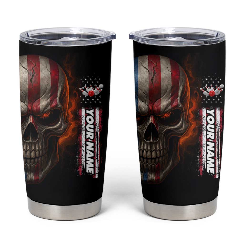 Custom American Flag Skull Tumbler Cup with Bowling Pins Flame Effect and Grunge Pattern - Wonder Print Shop