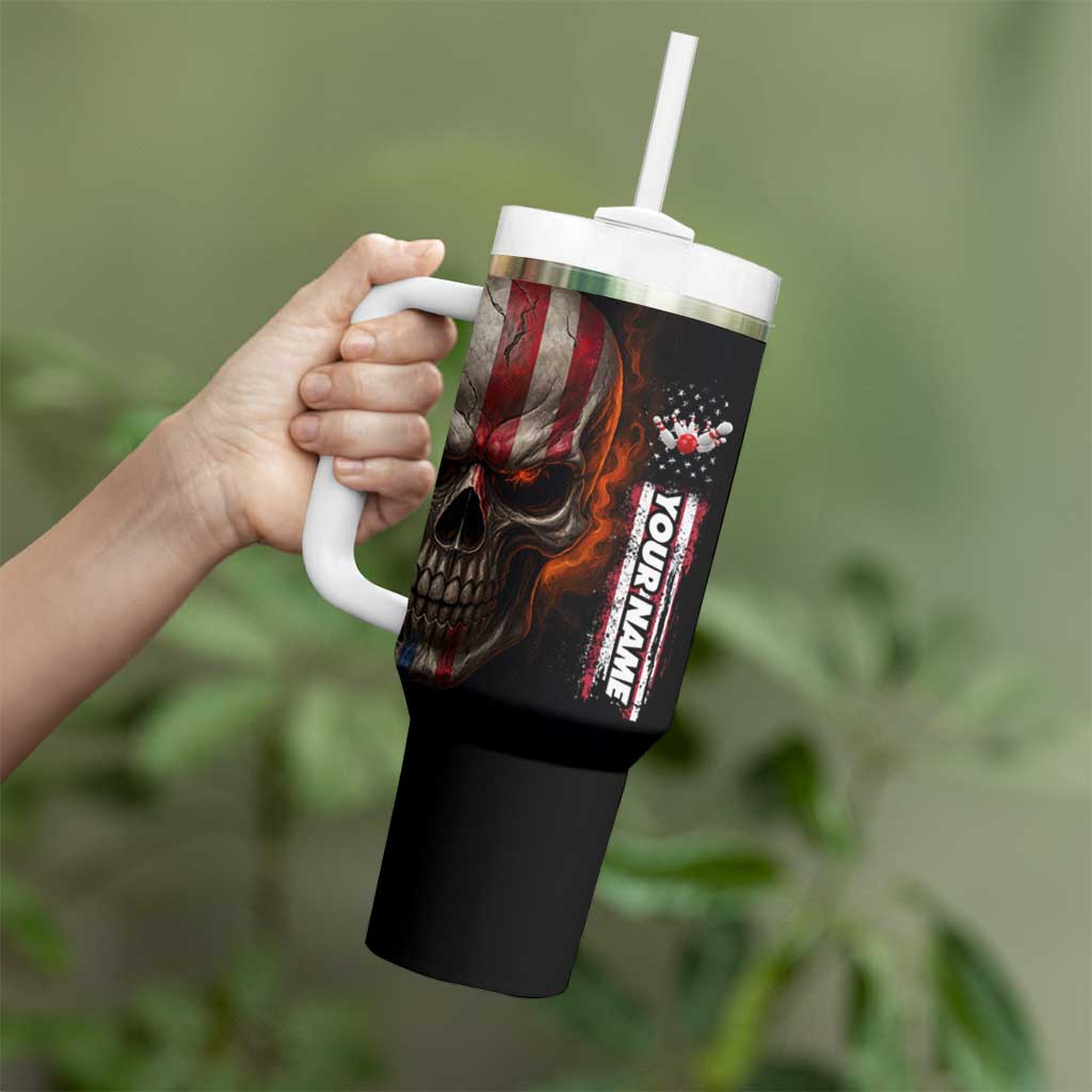 Custom American Flag Skull Tumbler With Handle with Bowling Pins Flame Effect and Grunge Pattern - Wonder Print Shop