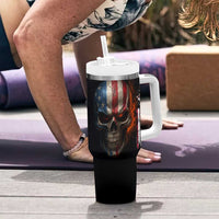 Custom American Flag Skull Tumbler With Handle with Bowling Pins Flame Effect and Grunge Pattern - Wonder Print Shop