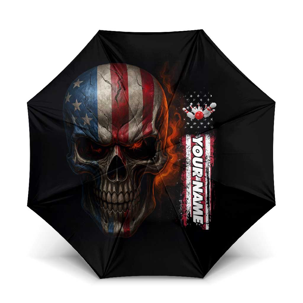 Custom American Flag Skull Umbrella with Bowling Pins Flame Effect and Grunge Pattern - Wonder Print Shop