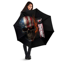 Custom American Flag Skull Umbrella with Bowling Pins Flame Effect and Grunge Pattern - Wonder Print Shop
