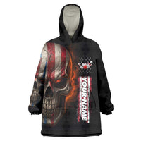 Custom American Flag Skull Wearable Blanket Hoodie with Bowling Pins Flame Effect and Grunge Pattern - Wonder Print Shop