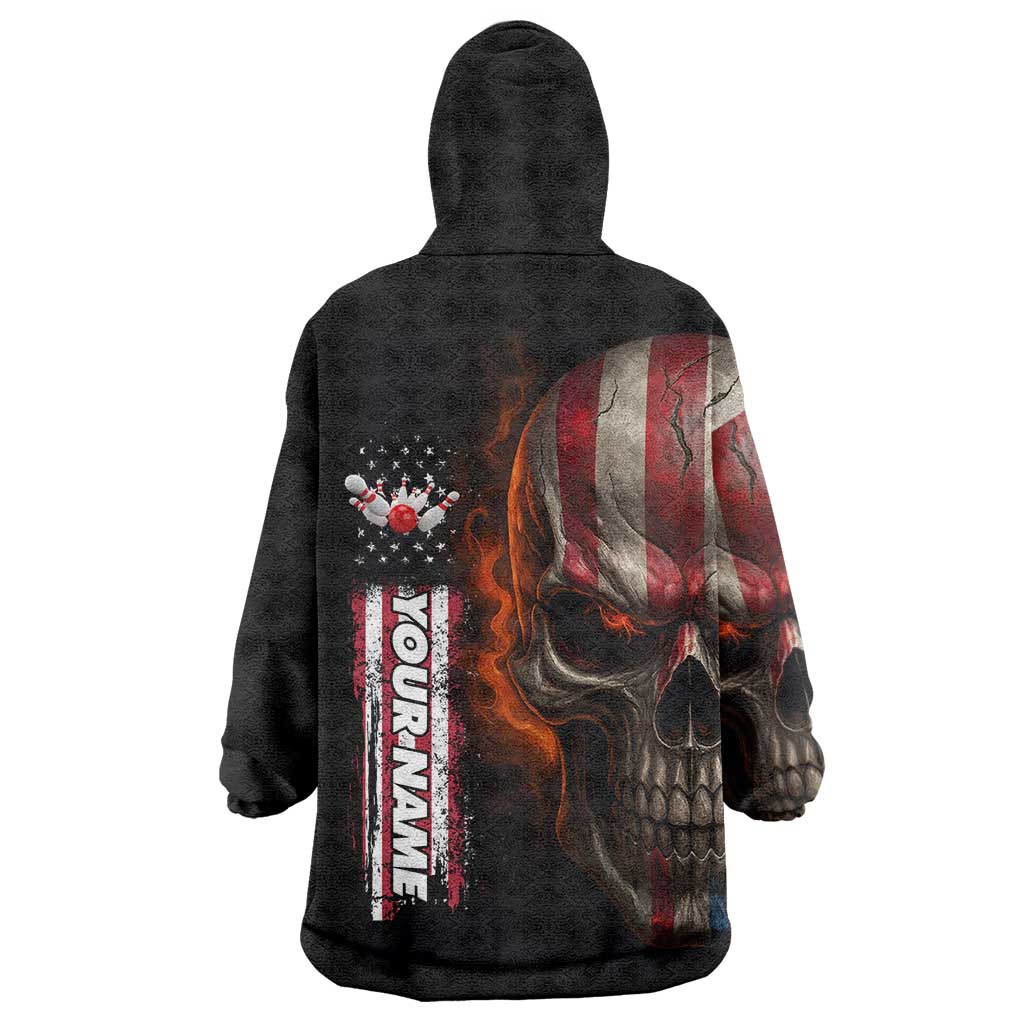 Custom American Flag Skull Wearable Blanket Hoodie with Bowling Pins Flame Effect and Grunge Pattern - Wonder Print Shop