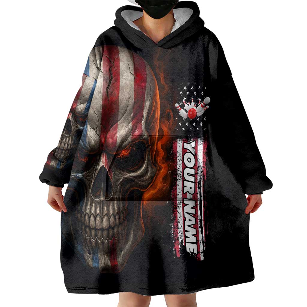 Custom American Flag Skull Wearable Blanket Hoodie with Bowling Pins Flame Effect and Grunge Pattern - Wonder Print Shop