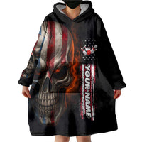 Custom American Flag Skull Wearable Blanket Hoodie with Bowling Pins Flame Effect and Grunge Pattern - Wonder Print Shop