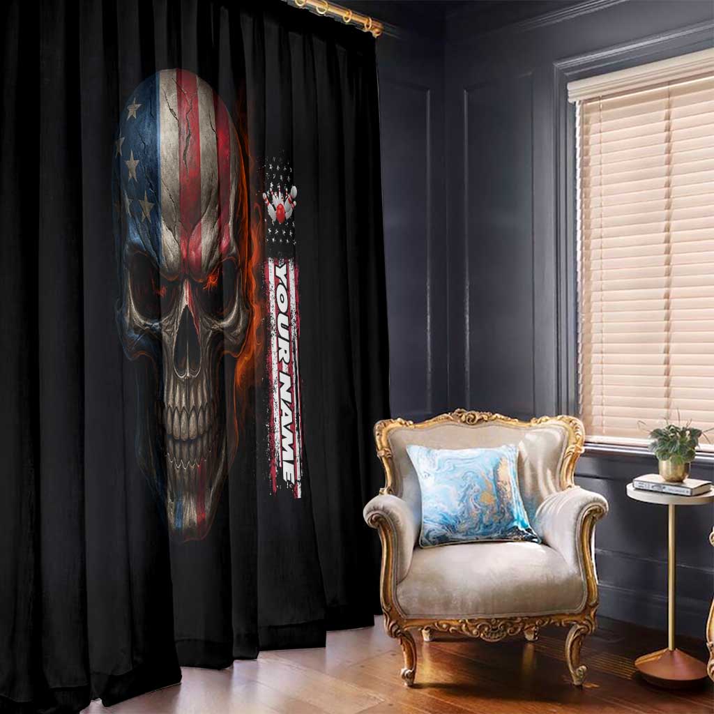 Custom American Flag Skull Window Curtain with Bowling Pins Flame Effect and Grunge Pattern - Wonder Print Shop