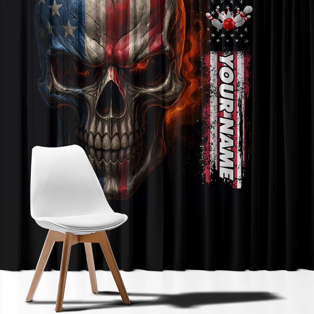 Custom American Flag Skull Window Curtain with Bowling Pins Flame Effect and Grunge Pattern - Wonder Print Shop