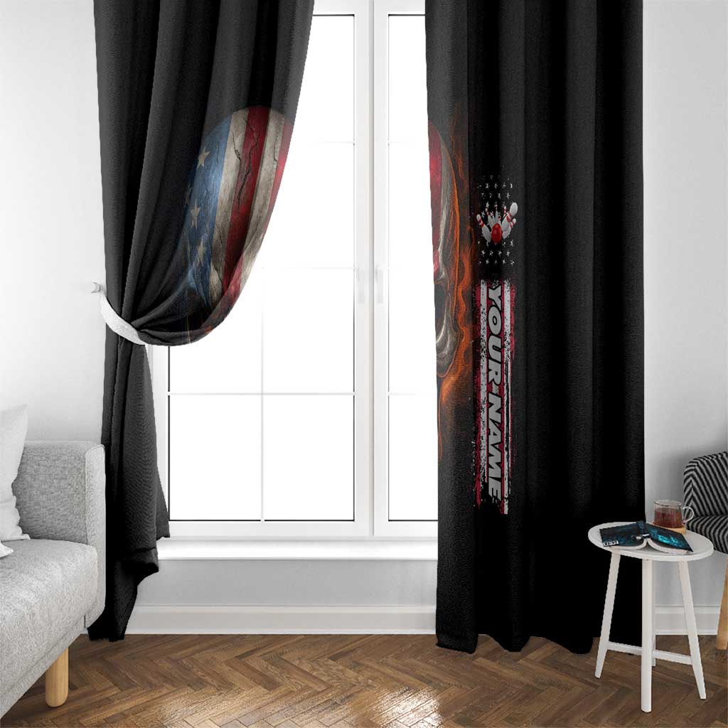 Custom American Flag Skull Window Curtain with Bowling Pins Flame Effect and Grunge Pattern - Wonder Print Shop