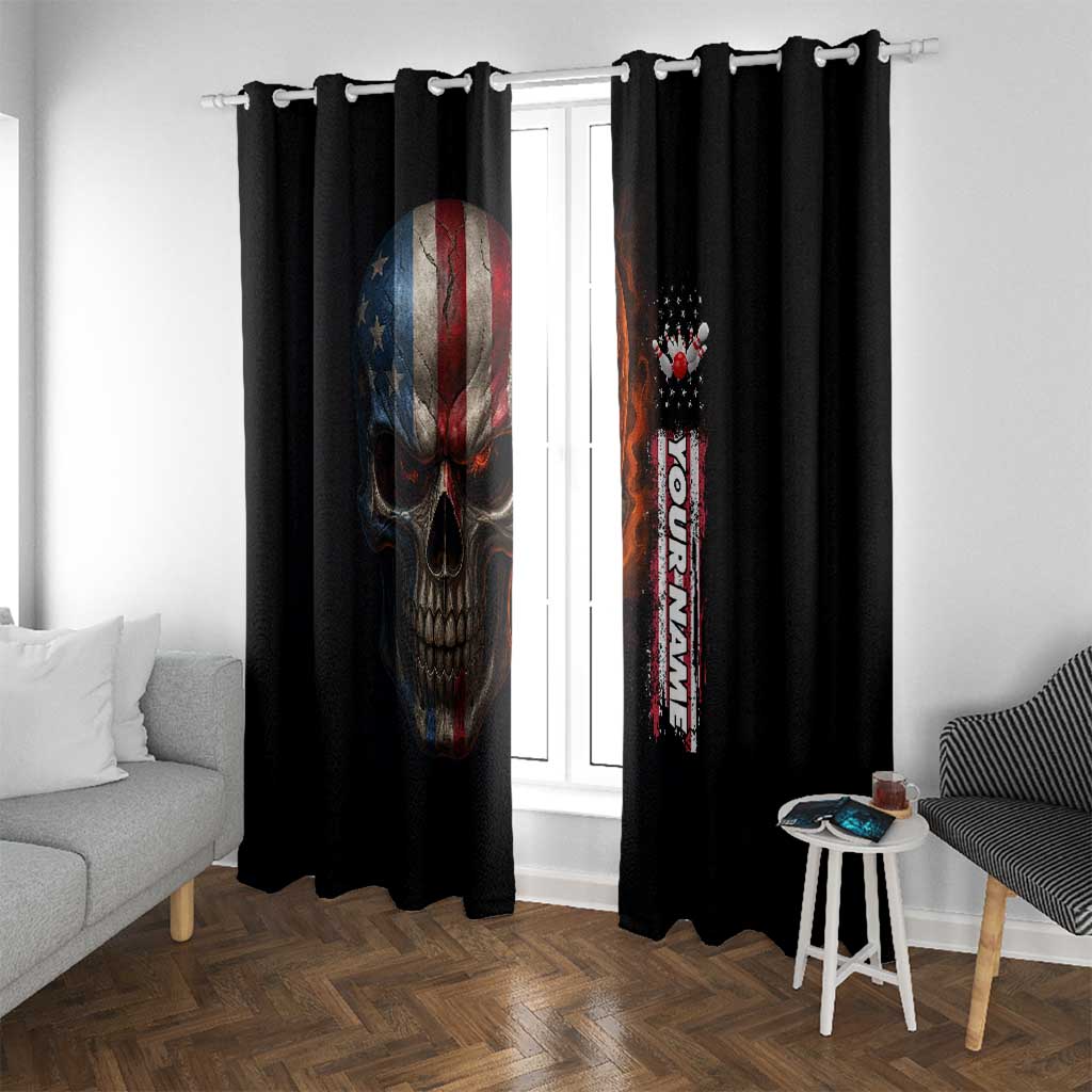 Custom American Flag Skull Window Curtain with Bowling Pins Flame Effect and Grunge Pattern - Wonder Print Shop