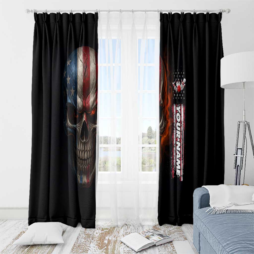 Custom American Flag Skull Window Curtain with Bowling Pins Flame Effect and Grunge Pattern - Wonder Print Shop