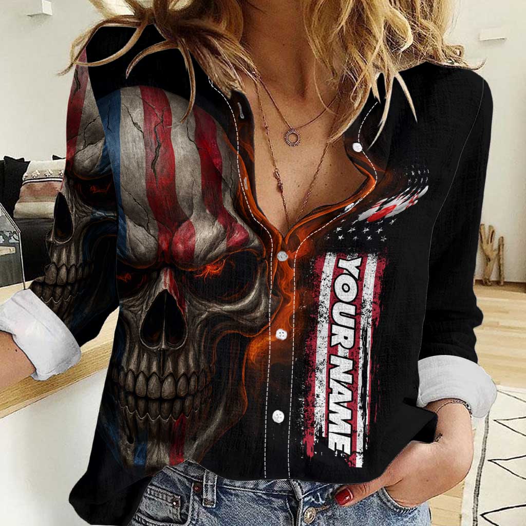 Custom American Flag Skull Women Casual Shirt with Bowling Pins Flame Effect and Grunge Pattern - Wonder Print Shop