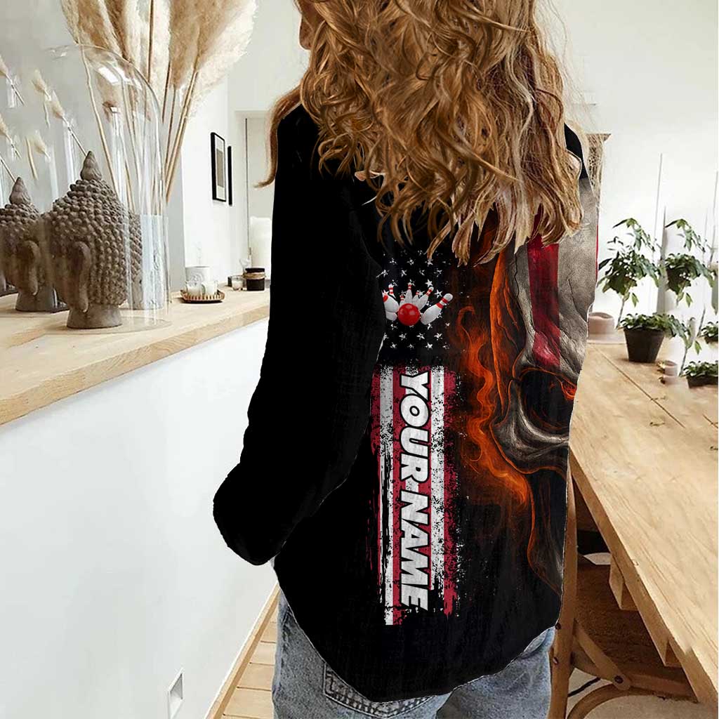 Custom American Flag Skull Women Casual Shirt with Bowling Pins Flame Effect and Grunge Pattern - Wonder Print Shop