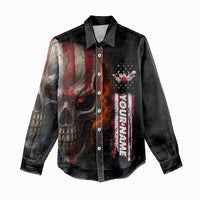 Custom American Flag Skull Women Casual Shirt with Bowling Pins Flame Effect and Grunge Pattern - Wonder Print Shop