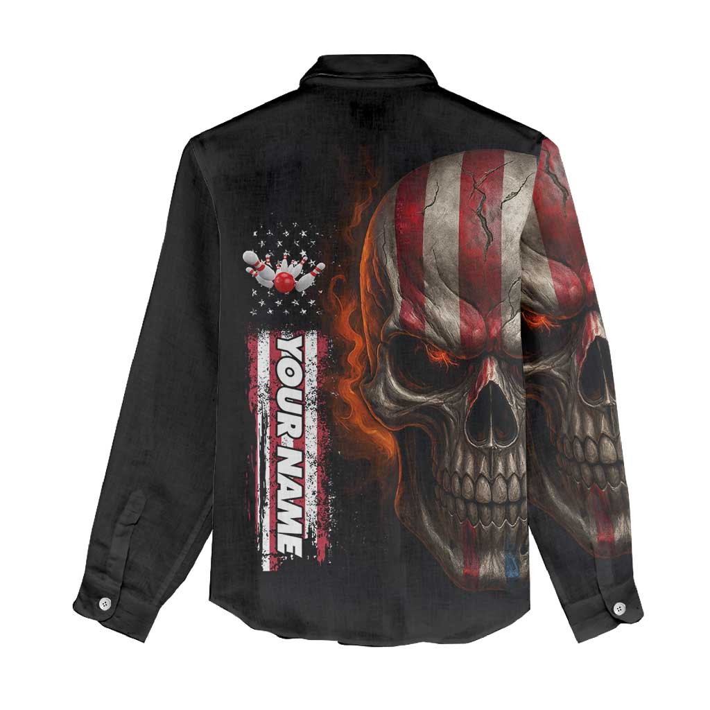 Custom American Flag Skull Women Casual Shirt with Bowling Pins Flame Effect and Grunge Pattern - Wonder Print Shop