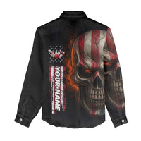 Custom American Flag Skull Women Casual Shirt with Bowling Pins Flame Effect and Grunge Pattern - Wonder Print Shop