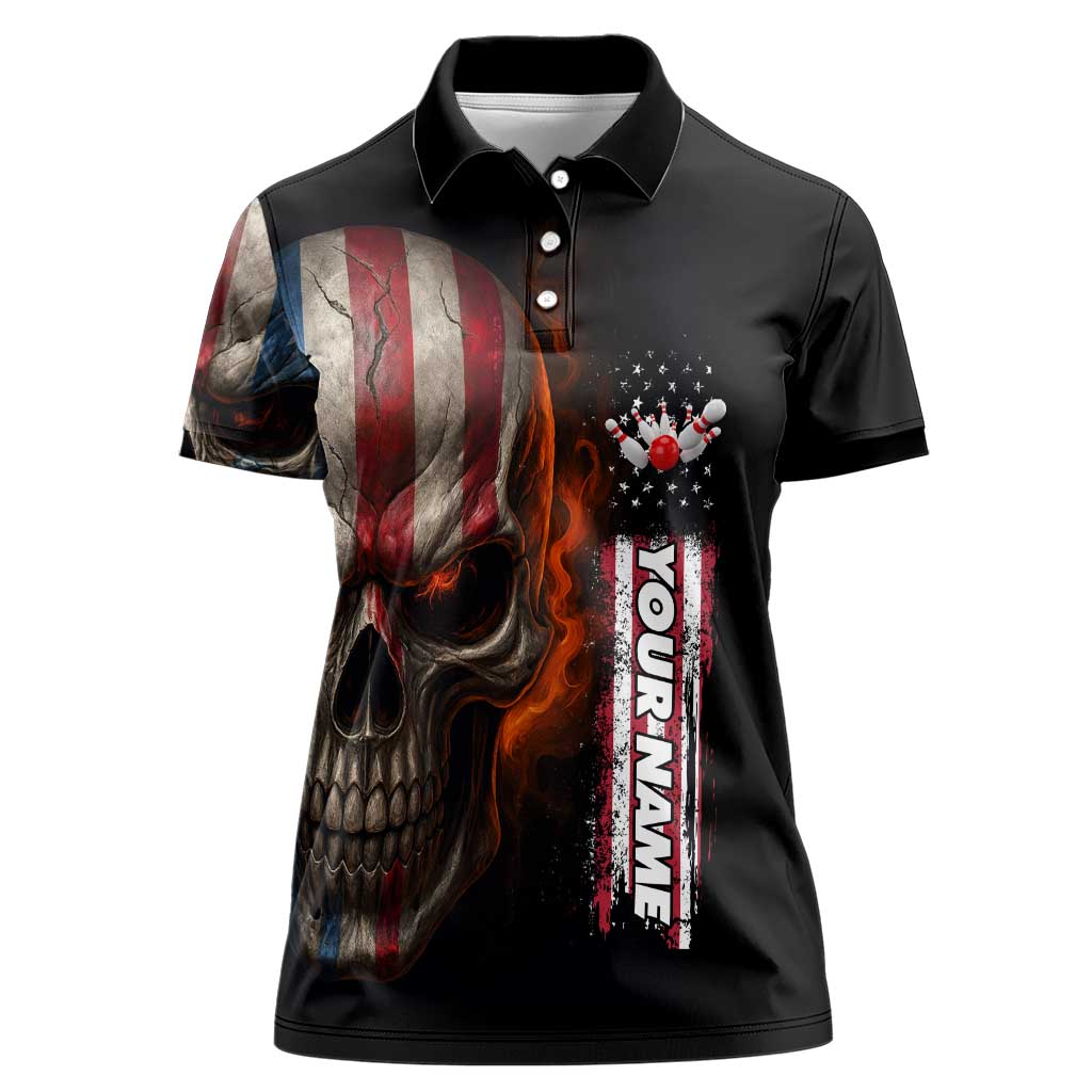 Custom American Flag Skull Women Polo Shirt with Bowling Pins Flame Effect and Grunge Pattern - Wonder Print Shop