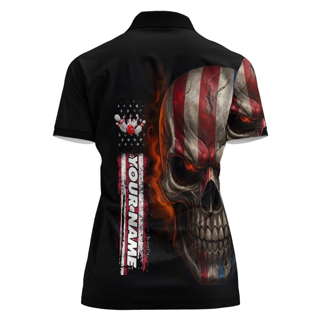 Custom American Flag Skull Women Polo Shirt with Bowling Pins Flame Effect and Grunge Pattern - Wonder Print Shop