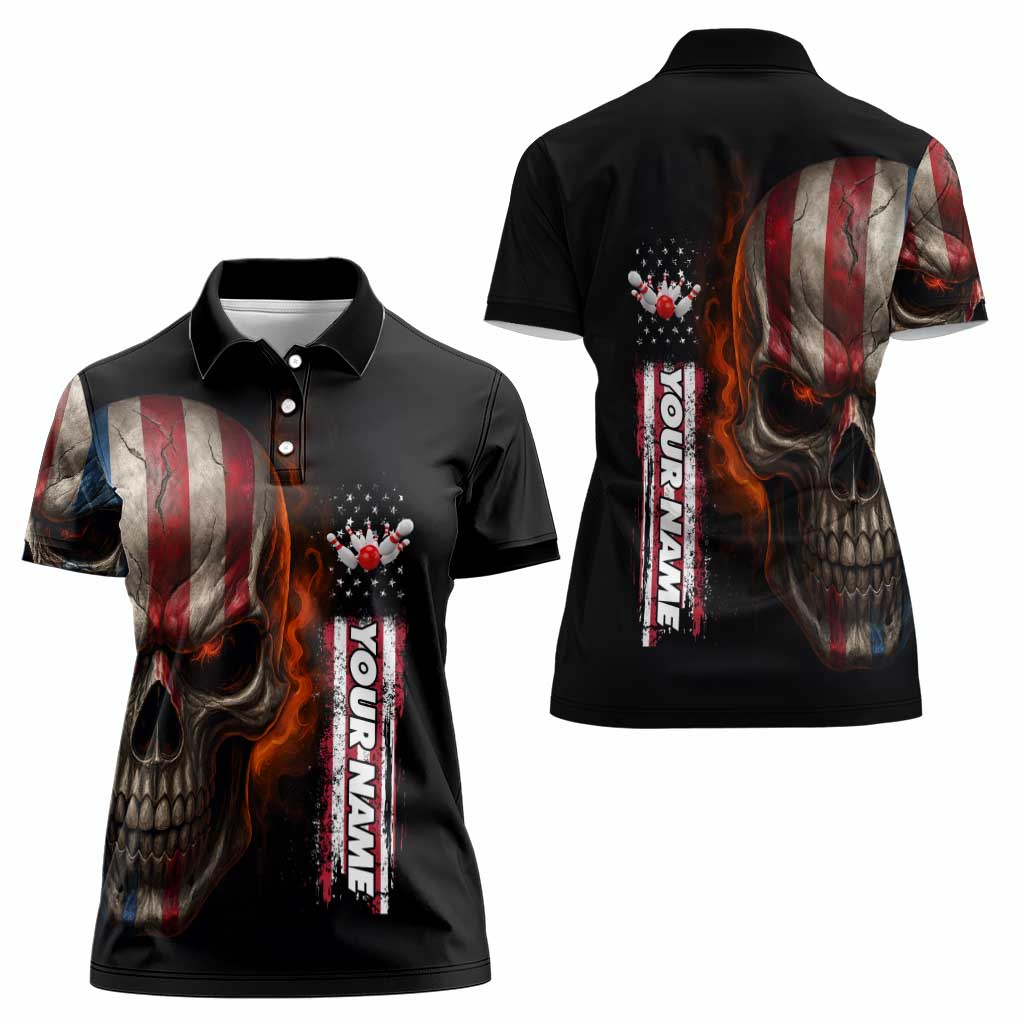 Custom American Flag Skull Women Polo Shirt with Bowling Pins Flame Effect and Grunge Pattern - Wonder Print Shop