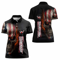 Custom American Flag Skull Women Polo Shirt with Bowling Pins Flame Effect and Grunge Pattern - Wonder Print Shop