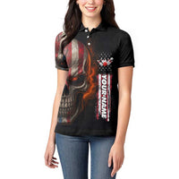 Custom American Flag Skull Women Polo Shirt with Bowling Pins Flame Effect and Grunge Pattern - Wonder Print Shop