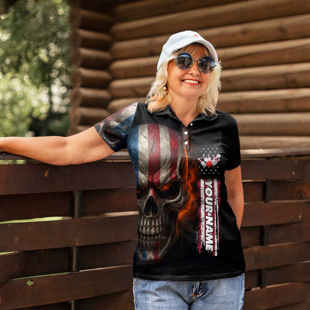 Custom American Flag Skull Women Polo Shirt with Bowling Pins Flame Effect and Grunge Pattern - Wonder Print Shop