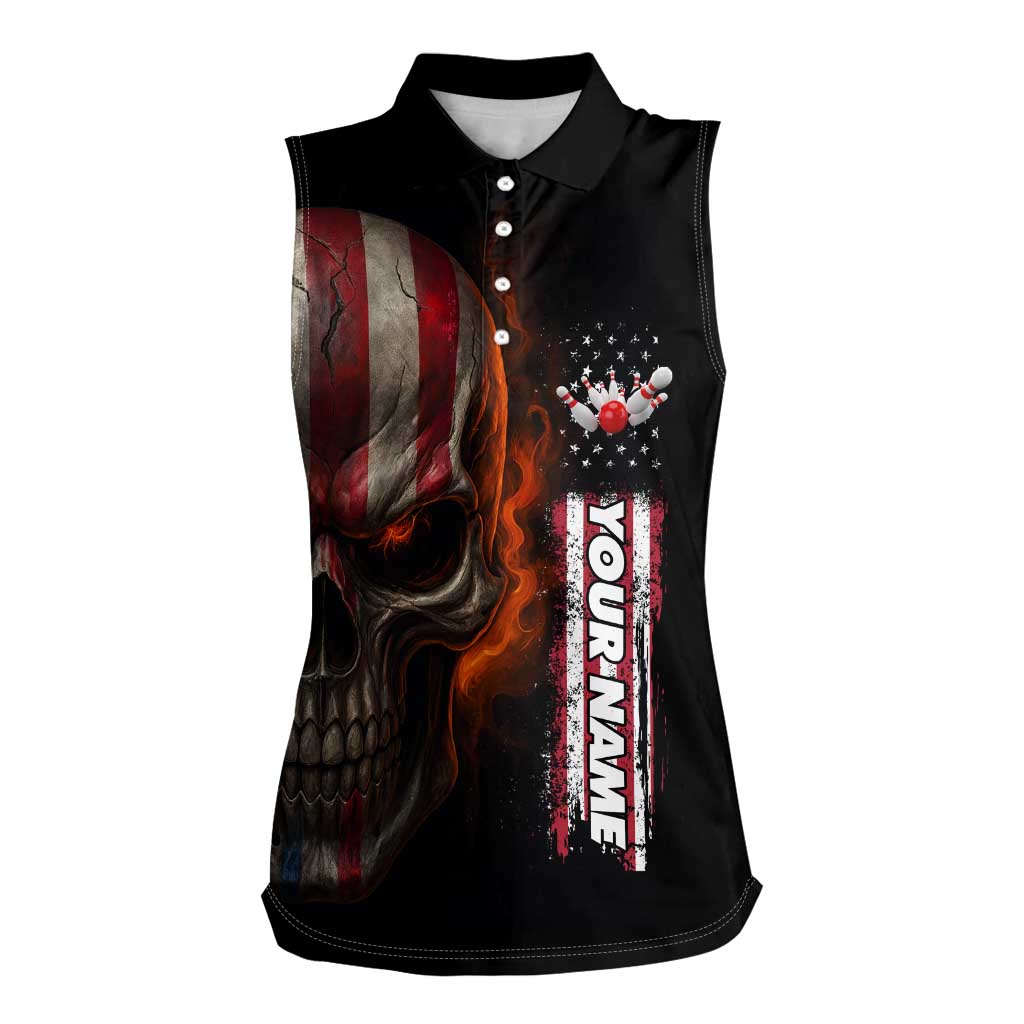 Custom American Flag Skull Women Sleeveless Polo Shirt with Bowling Pins Flame Effect and Grunge Pattern - Wonder Print Shop