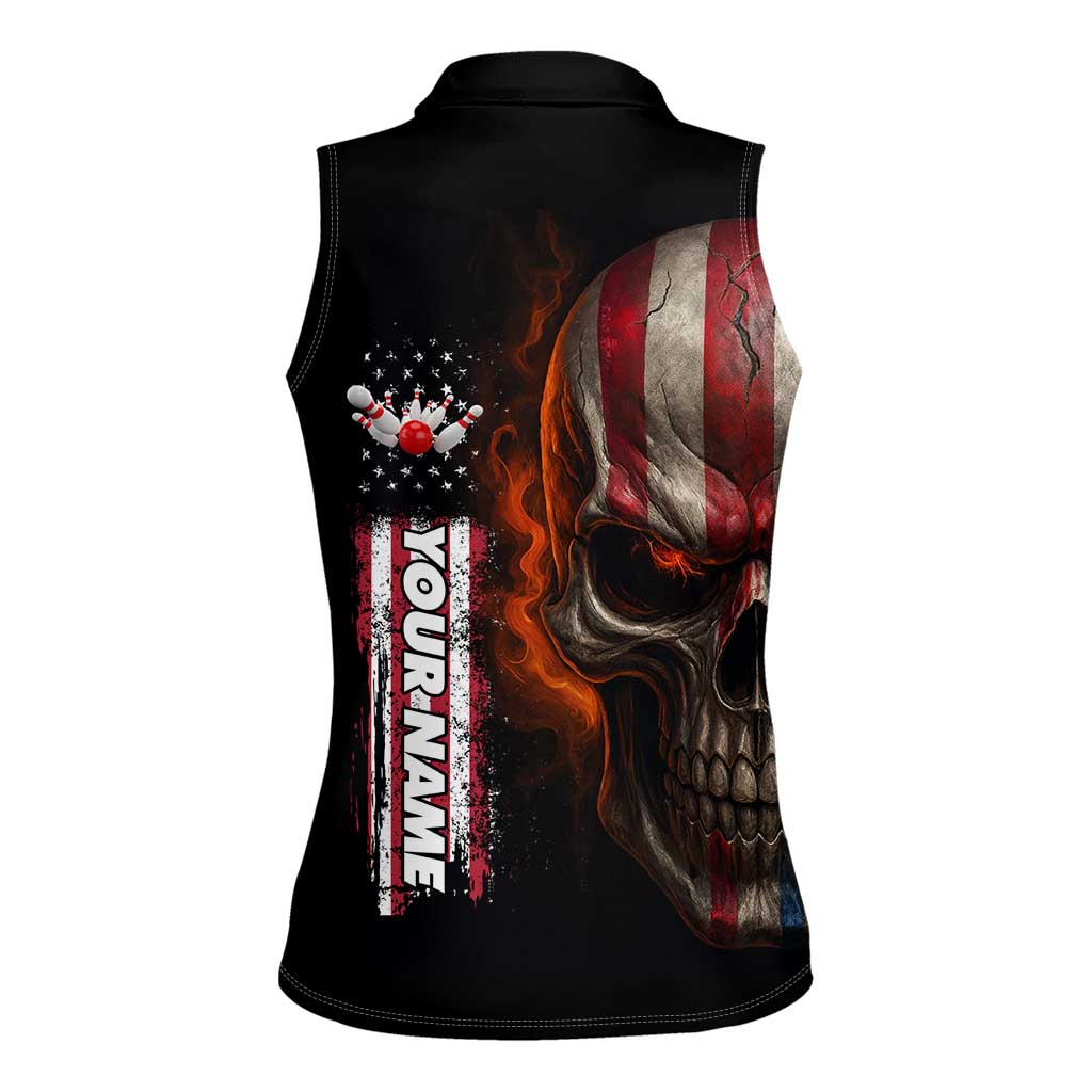 Custom American Flag Skull Women Sleeveless Polo Shirt with Bowling Pins Flame Effect and Grunge Pattern - Wonder Print Shop
