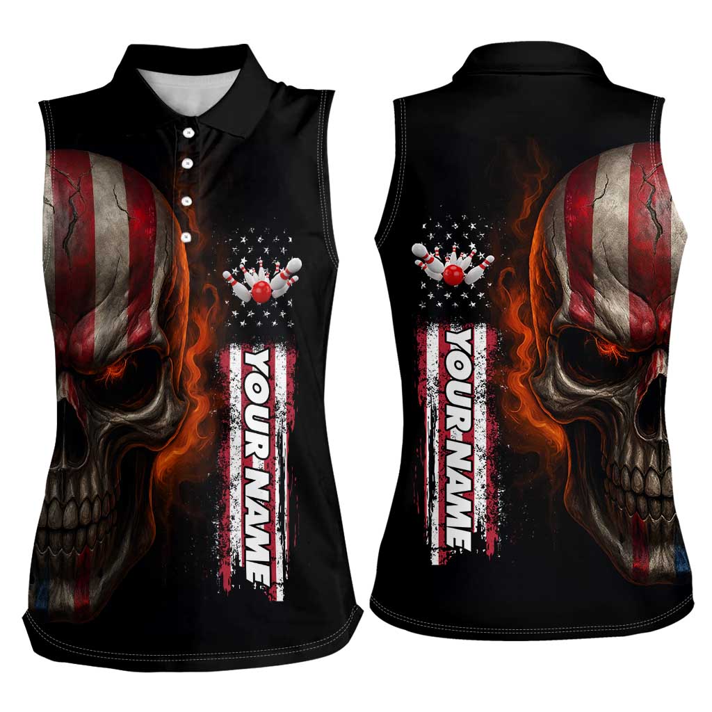 Custom American Flag Skull Women Sleeveless Polo Shirt with Bowling Pins Flame Effect and Grunge Pattern - Wonder Print Shop