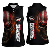 Custom American Flag Skull Women Sleeveless Polo Shirt with Bowling Pins Flame Effect and Grunge Pattern - Wonder Print Shop