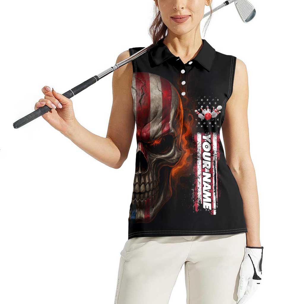 Custom American Flag Skull Women Sleeveless Polo Shirt with Bowling Pins Flame Effect and Grunge Pattern - Wonder Print Shop