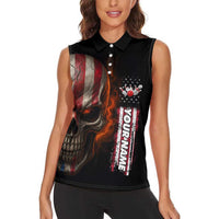 Custom American Flag Skull Women Sleeveless Polo Shirt with Bowling Pins Flame Effect and Grunge Pattern - Wonder Print Shop